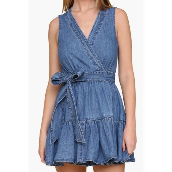 NWT Avec Les Filles Anthropologie Tie Waist Wrap Denim Mini Dress Size 2 $158 - Picture 1 of 11